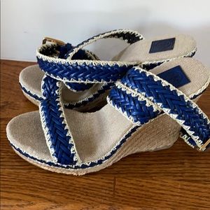 Tory Burch Navy and Tan Sandal Wedges